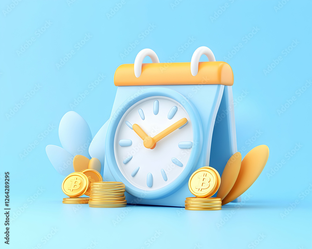 Poster clock and calendar icon with coin stacks on blue background for financial concepts generative ai