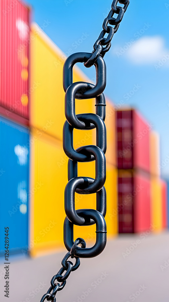 Poster close-up of chain link against colorful cargo containers. export/import concept generative ai