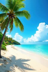 Obraz premium Sunny day at the beach with palm trees and sandy shore, ocean waves, tropical paradise