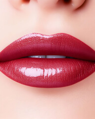 Obraz premium Close-up of full, glossy, bright red lips. For beauty or glamour product ads generative AI