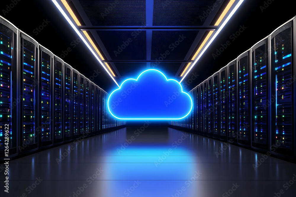 Poster cloud computing, blue glowing icon, servers data center, internet tech concept generative ai