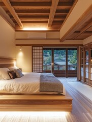 Fototapeta premium Peaceful bedroom featuring traditional japanese design with wooden accents