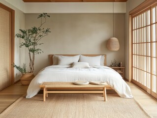 Peaceful bedroom interior showcasing neutral tones and minimalist design elements