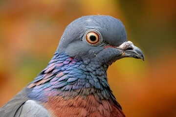 Fototapeta premium Close-up of a passenger pigeon with colorful plumage in shades of blue, pink, and orange, set against a soft background, capturing the beauty and intricate details of this extinct bird.