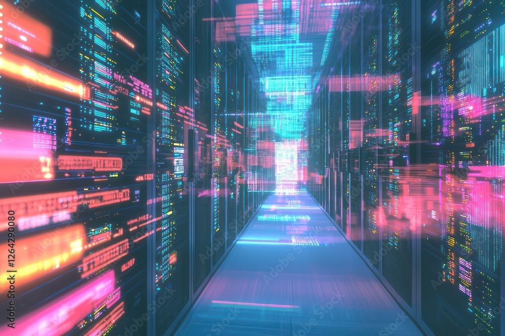 Poster visualization inside a data server room with streaming digital information.