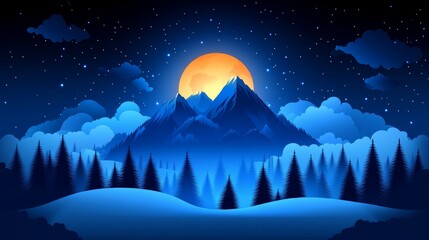 Pixelated Midnight Mountainscape Scenic with Glowing Moon and Pine Forest for Retro Gaming Enthusiasts and Digital Art Collectors