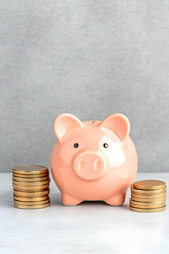 Coins Stacking Around Piggy Bank on White Surface Against Gray Backdrop for Finance Use generative AI