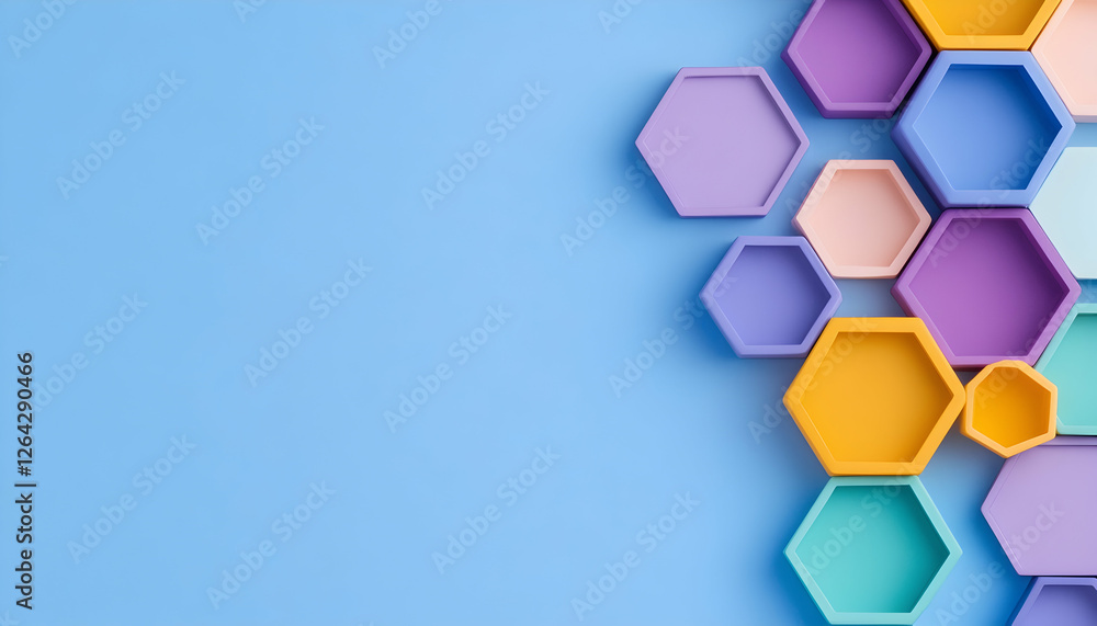 Poster colorful hexagons arranged on a blue background for graphic design and presentations generative ai