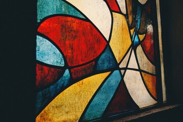 Fototapeta premium Colorful stained glass window with abstract design is brightly illuminated