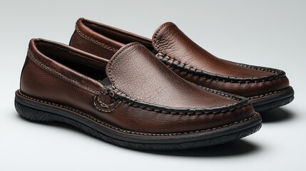 Brown leather slip-on shoes displayed against a neutral background, showcasing craftsmanship and style