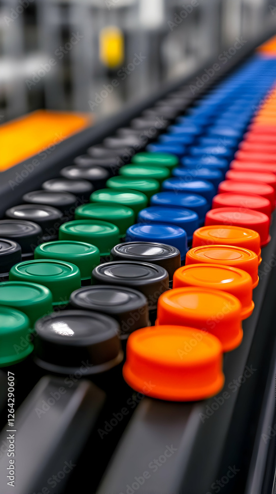 Poster colorful plastic caps on a moving assembly line for distribution in a factory generative ai