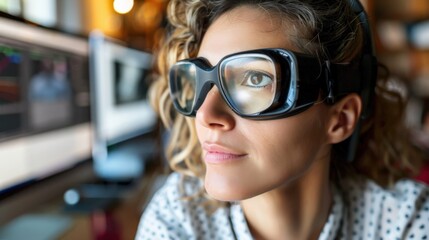 Woman with futuristic augmented reality glasses in tech-savvy workspace, focusing on digital innovation and advanced tools for modern problem-solving, highlighting vision and creativity...