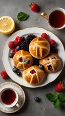 Freshly Baked Buns and Berry Sweet Pie: A Golden, Glossy Assortment with Steaming Tea on a Matte Grey Backdrop
