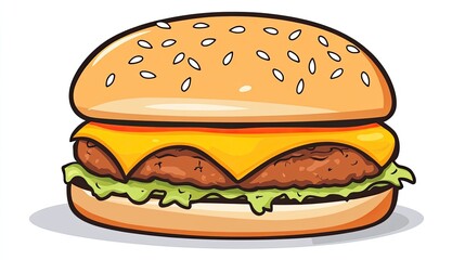 Delicious cartoon-style cheeseburger with sesame seed bun, lettuce, and cheese, isolated