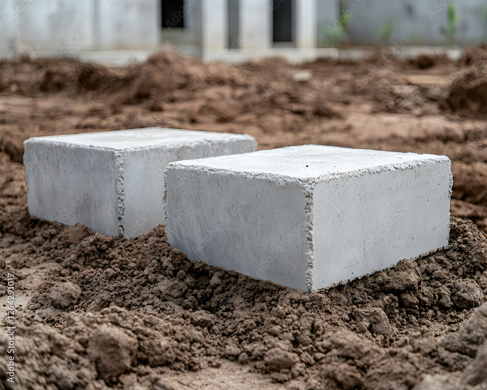 Aufkleber concrete blocks sit in the soil at a construction site, with the building behind generative ai