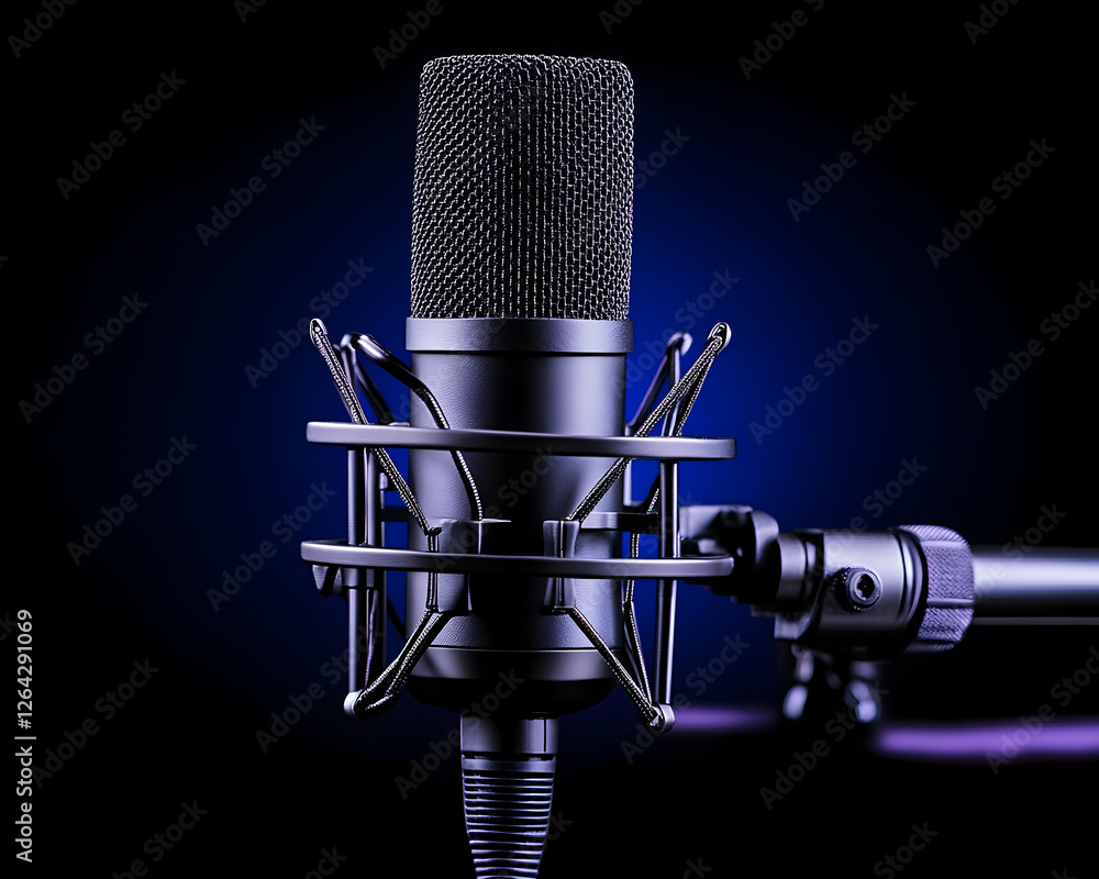 Poster condenser microphone captures sound. professional setup for recording vocals or music generative ai