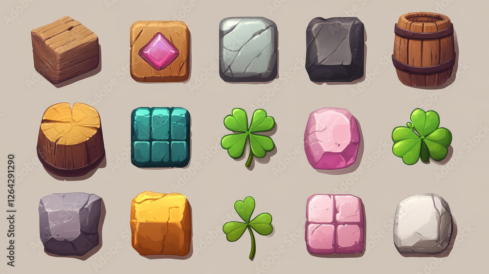 Aufkleber game ui app icons, square buttons, cartoon menu interface textured blocks. gui graphic elements wood
