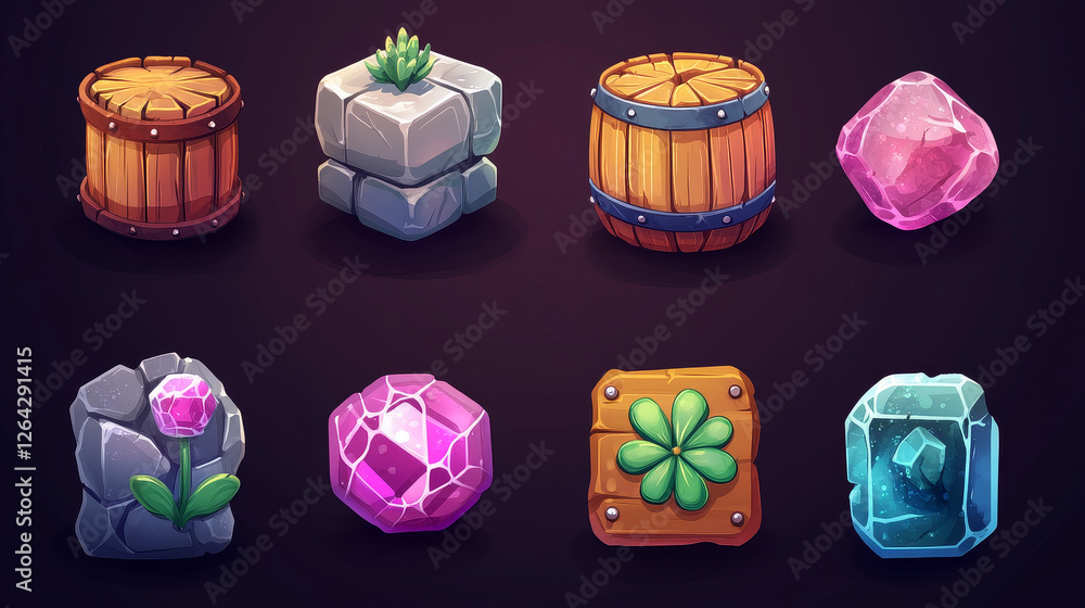 Aufkleber game ui app icons, square buttons, cartoon menu interface textured blocks. gui graphic elements wood