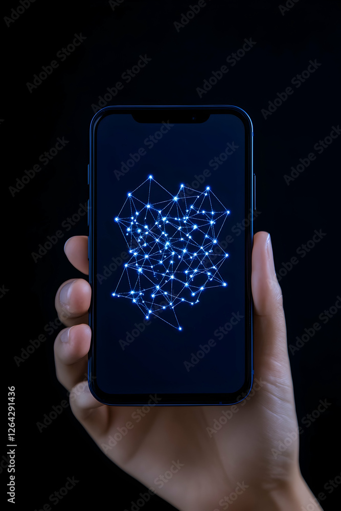 Aufkleber connection mobile phone shows digital network with glow on black background generative ai