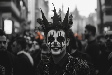 Enthusiastic performer smiles at event audience in city street; editorial
