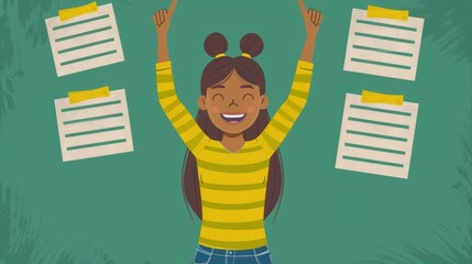 Joyful young girl raising arms in celebration, surrounded by completed task lists. Concept represents success, achievement, organization, motivation, and goal setting.