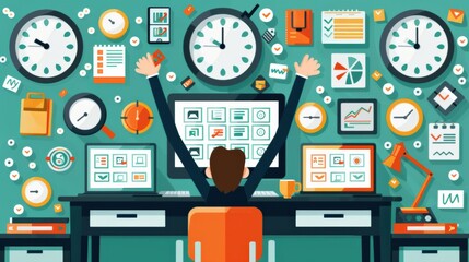 Digital workspace filled with multiple screens, clocks, task lists, and productivity tools. Concept represents multitasking, efficiency, technology, time management, and business planning...