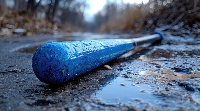 A close-up view of a wet blue baseball bat lying on a muddy path in a misty forest setting