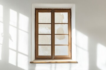 Fototapeta premium Wooden window with eight panes set in a white wall