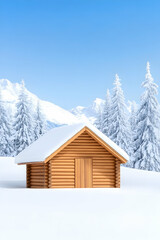Naklejka premium Cozy log cabin in snowy alpine landscape. Retreat and winter holiday theme generative AI