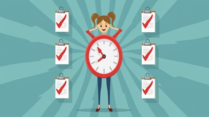 Cartoon young girl wearing a giant clock, surrounded by completed checklists. Concept represents time management, productivity, efficiency, achievement, and goal setting.