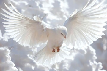 Fototapeta premium Dove Flying. White bird soars high in sky with wings spread. Symbol of hope