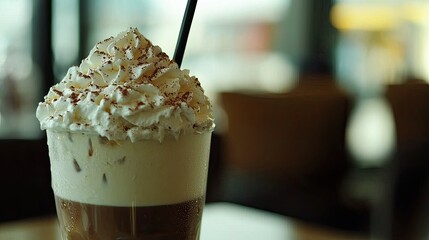 Creamy iced coffee topped with whipped cream and chocolate shavings in a cozy caf? setting