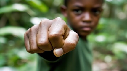 Boy's fist, jungle background, defiant pose, child advocacy