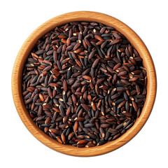 rice in a wooden bowl top view isolated on transparent white background, clipping path