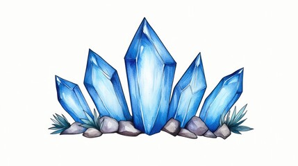Vibrant blue crystals surrounded by rocks and greenery, set against a clean white background
