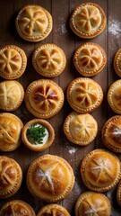 Fototapeta premium Rustic Assortment of Sweet and Savoury Pies: Traditional Russian Pirozhki and Flaky Pastries on a Warm Wooden Table