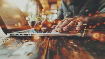 Business professional working on a laptop in fast-paced digital environment. Abstract motion blur futuristic light effects symbolize speed, innovation, modern productivity in technology-driven.