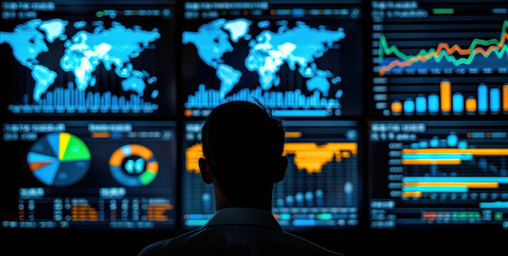 Business executive monitoring global financial metrics on digital dashboards in high-tech office. Data visualization with graphs, charts, and world map analytics on multiple screens.
