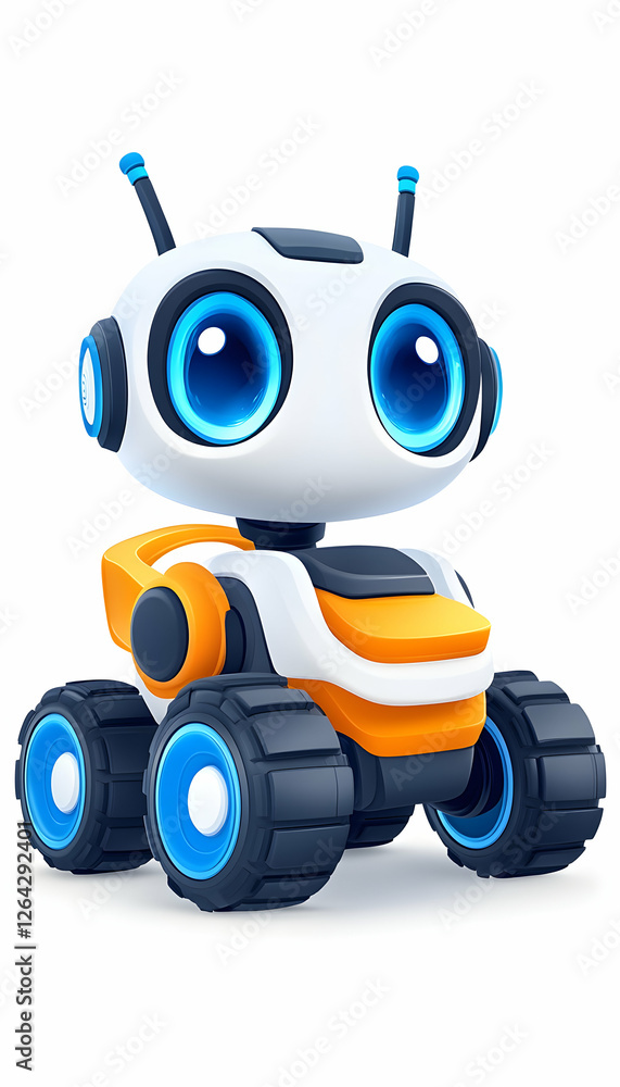 Poster cute robot with wheels, isolated on white. design concept for an early robot generative ai
