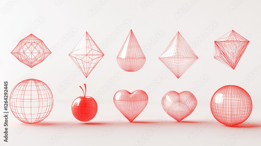 Poster abstract red wireframe shapes set isolated on background. vector illustration of 3d grid geometric i