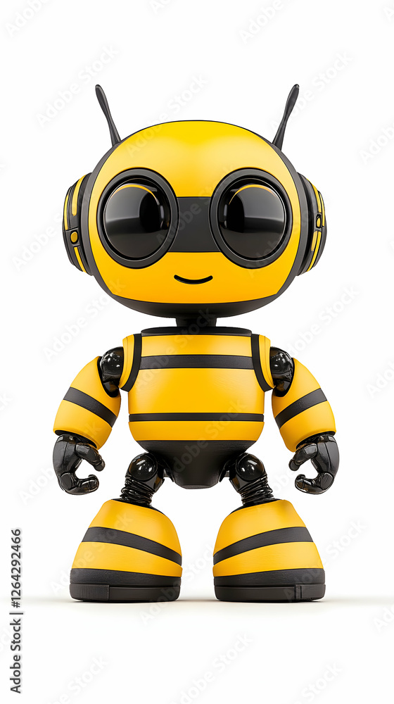 Poster cute yellow robot in bee design, standing on white background. tech concept use generative ai