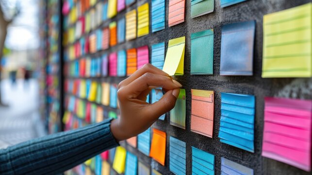 Hand placing a sticky note on an idea board filled with colorful notes, representing brainstorming, agile project management, and team collaboration in creative decision-making...