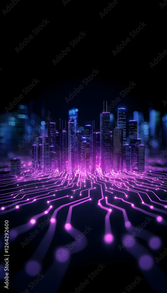 Poster cyberpunk city with circuit paths for a tech presentation or website header generative ai