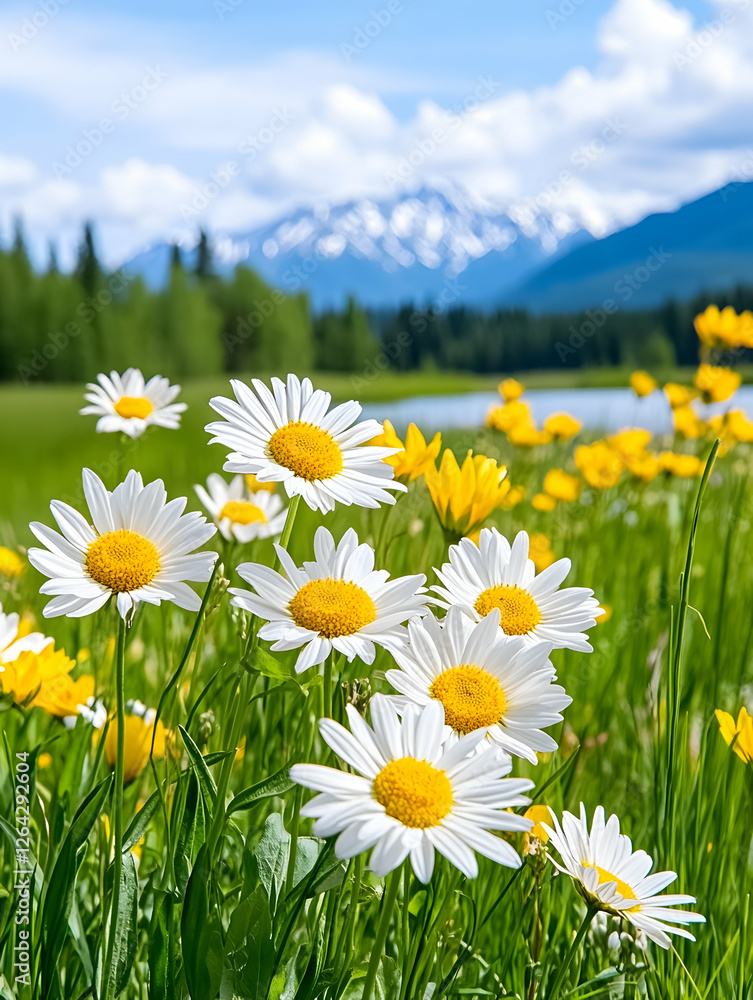 Poster daisies bloom in a field by a lake with snow-capped mountains in the background generative ai