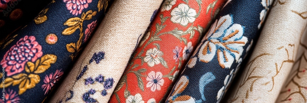 Poster colorful close up of patterned fabrics showcasing intricate floral and geometric designs with space 