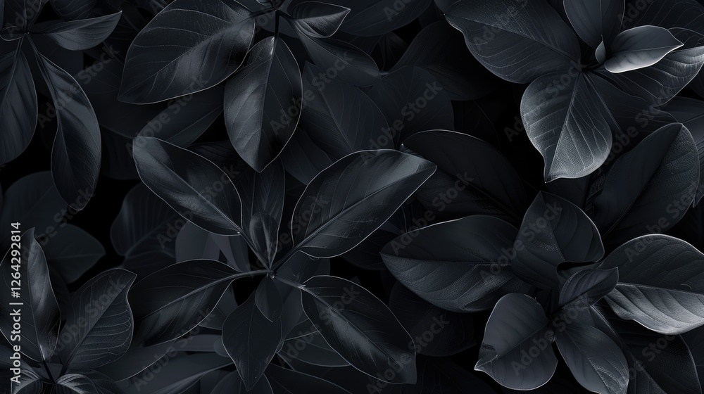 Poster Close-up view of dark green leaves overlapping on a black background, creating a serene and elegant natural pattern