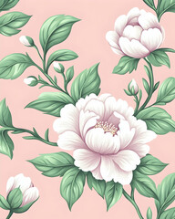Delicate white peonies and buds with green leaves pattern background for decoration generative AI