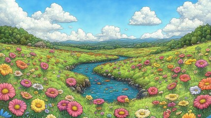 Watercolor Landscape with Blooming Meadow Flowers and Winding River Under a Bright Blue Sky Illustration