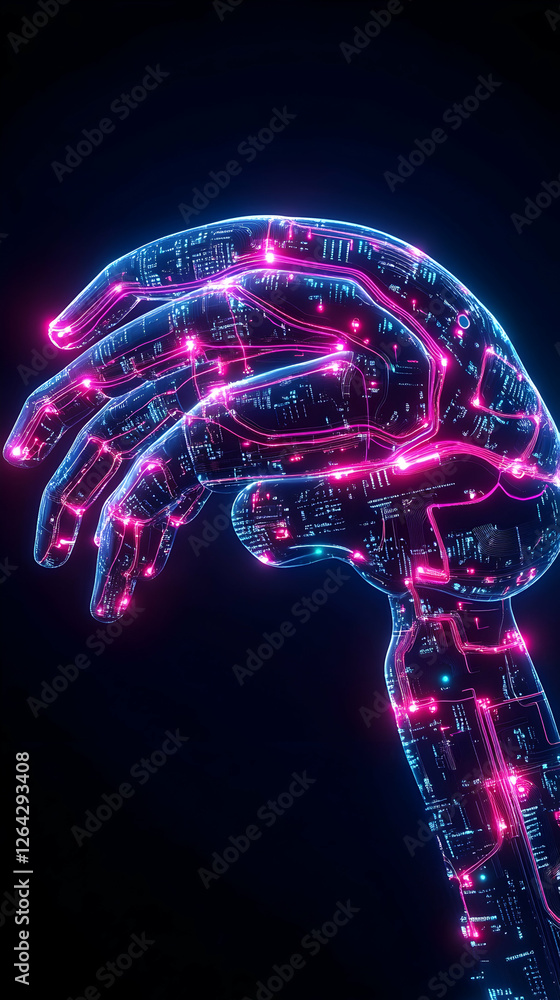 Poster digital arm showing circuits with neon glow on black background. technology generative ai