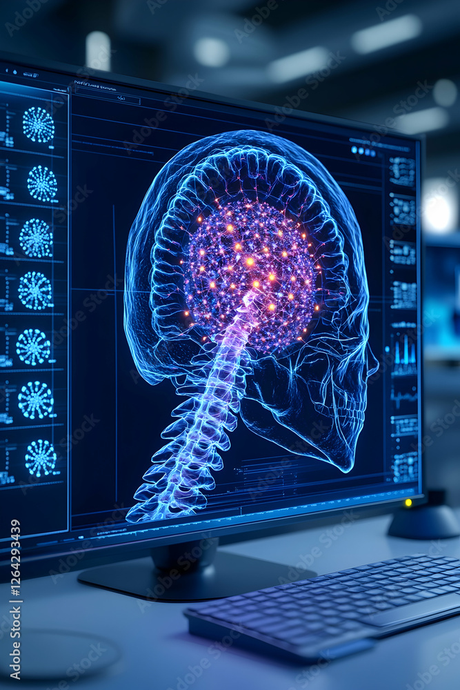 Poster digital brain scan on computer screen, medical research and diagnostic purposes generative ai